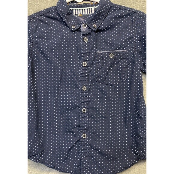 Denim & Flower by Ricky Singh Boys button down navy blue polka dot shirt Sz 4 - Picture 2 of 7